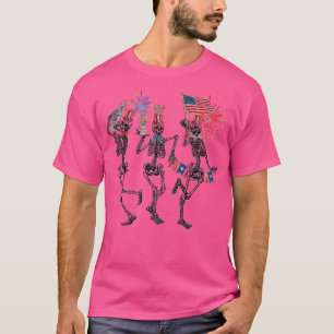 Camiseta 4 De Julho Skeletons Dançando Bandeira Americana F