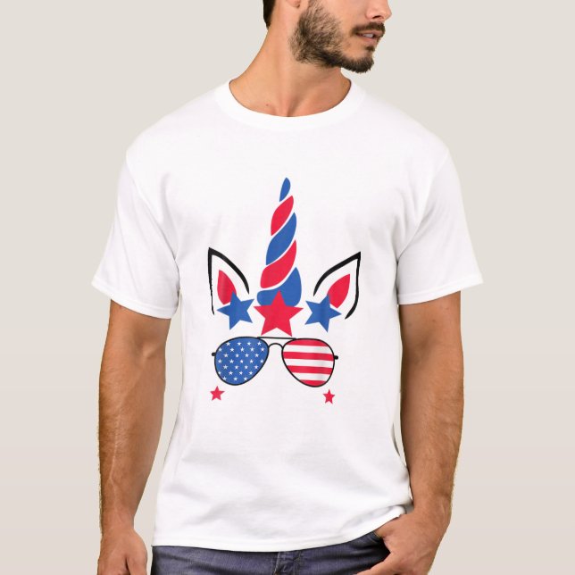 Camiseta 4 De Julho, Unicorn American Flag Patriotic (Frente)