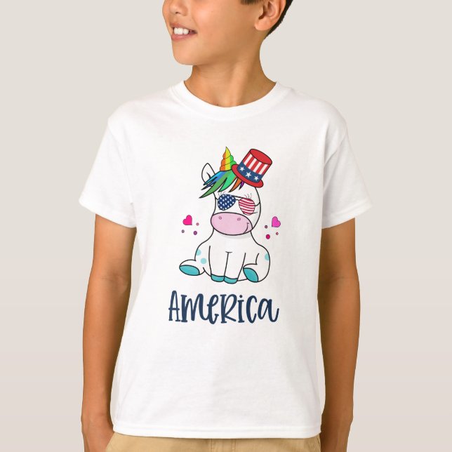Camiseta 4 de julho Unicórnio com bandeira dos EUA Óculos S (Frente)