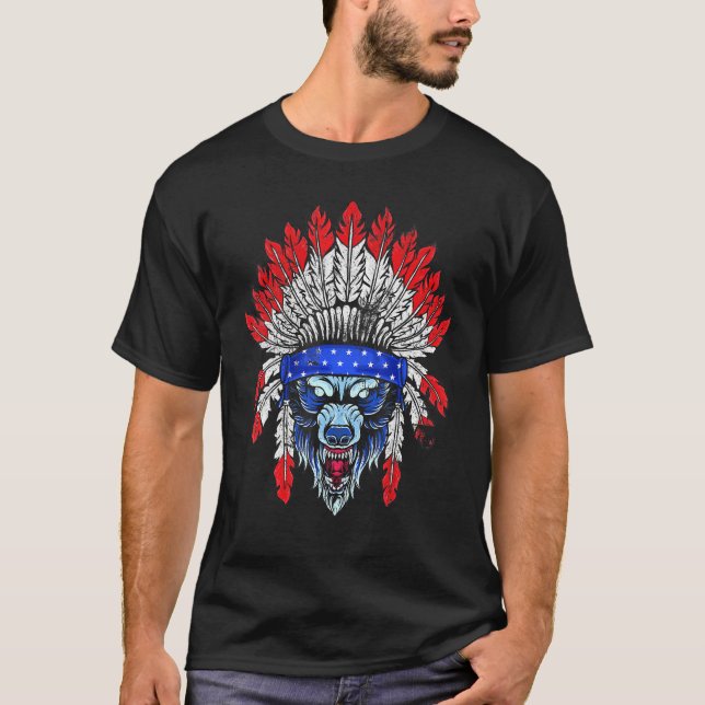 Camiseta 4 De Julho Wolf Native American Flag - Wolf Usa F (Frente)