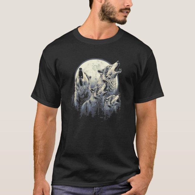 Camiseta 4 Wolves Howling Full Moon in Background - Wolf Lo (Frente)