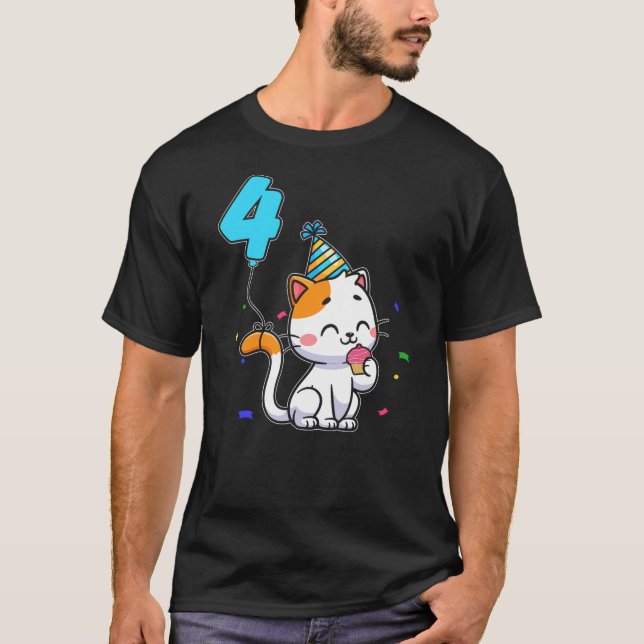 Camiseta 4-Year-Old Kid Cute Cat Party Balloon 4th Birthday (Frente)