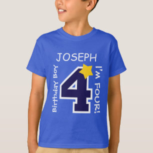 Camiseta 4o AZUL do menino do aniversário um nome feito sob