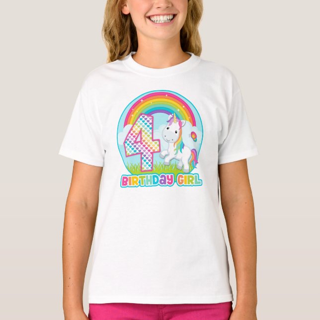 Camiseta 4o Unicórnio do arco-íris do aniversário - menina (Frente)
