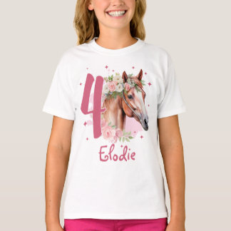 Camiseta 4th Birthday Girl Horse Pastel Pink Four Years