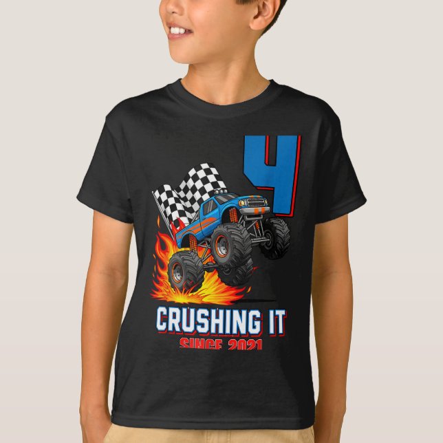 Camiseta 4th Birthday Monster Truck 4 Year Old Boy Born 202 (Frente)
