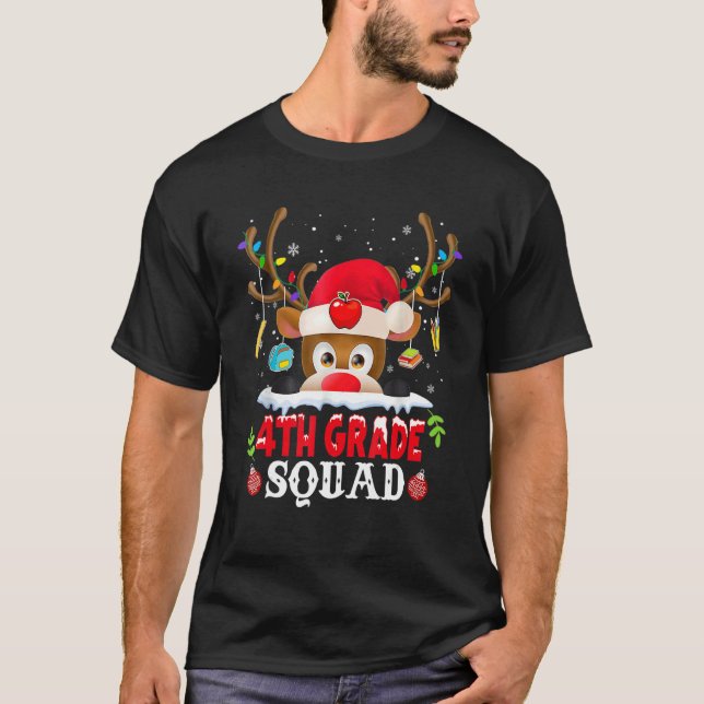 Camiseta 4th Grade Squad Plaid Reindeer Santa Hat Teacher C (Frente)