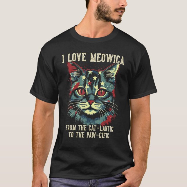 Camiseta 4th July Cat Lover, I Love Meowica Patriotic Cat W (Frente)