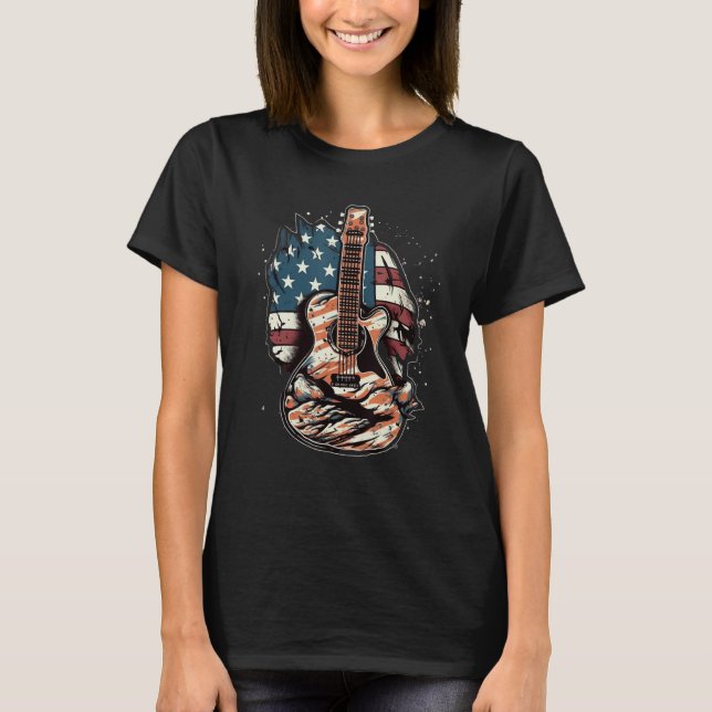 Camiseta 4th Of July Acoustic Guitar USA Flag Guitarist Roc (Frente)