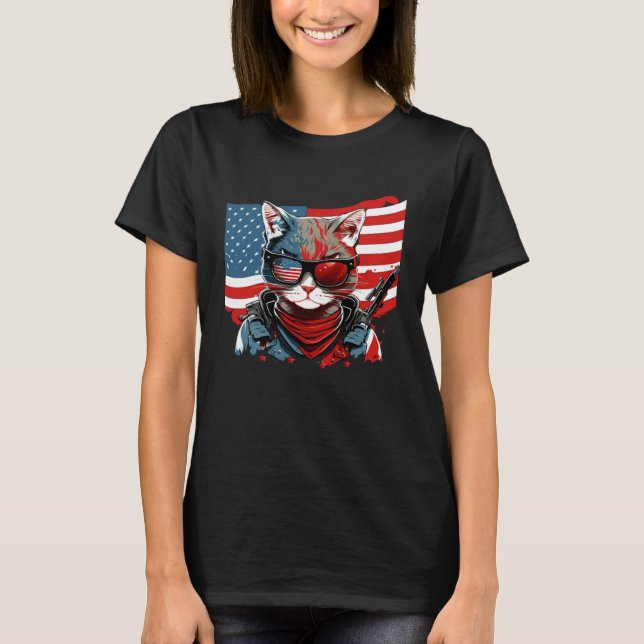 Camiseta 4th Of July American Flag Cat Military Kitten (Frente)