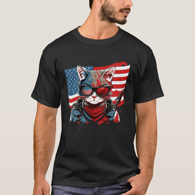 Camiseta 4th Of July American Flag Cat Military Kitten (Frente)