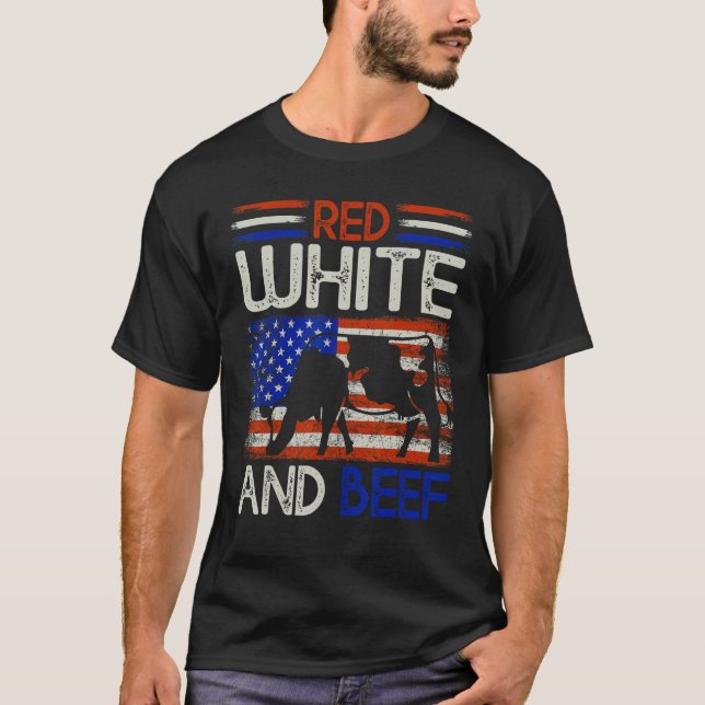 Camiseta 4th of July American Flag Cattle Cow Red white and (Frente)