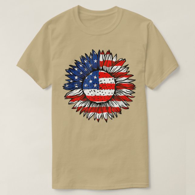Camiseta 4th of July American Flag Sunflower Red White Blue (Frente do Design)