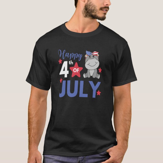 Camiseta 4th Of July American Hippo For Kids Cute Usa Hippo (Frente)