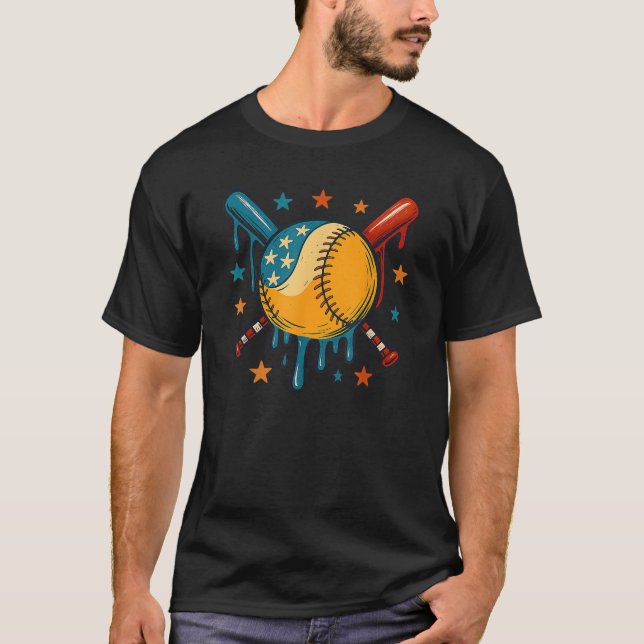 Camiseta 4th of July Baseball Drip Patriotic American Flag  (Frente)