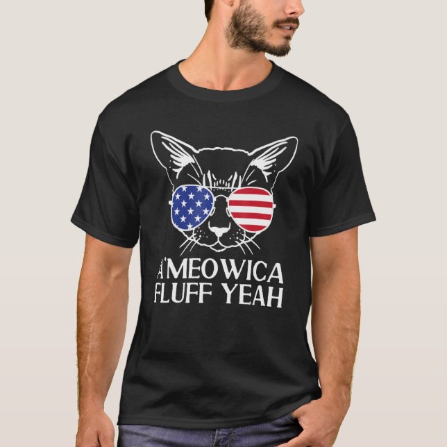 Camiseta 4th of July Cat US Flag Sunglasses Ameowica Fluff  (Frente)