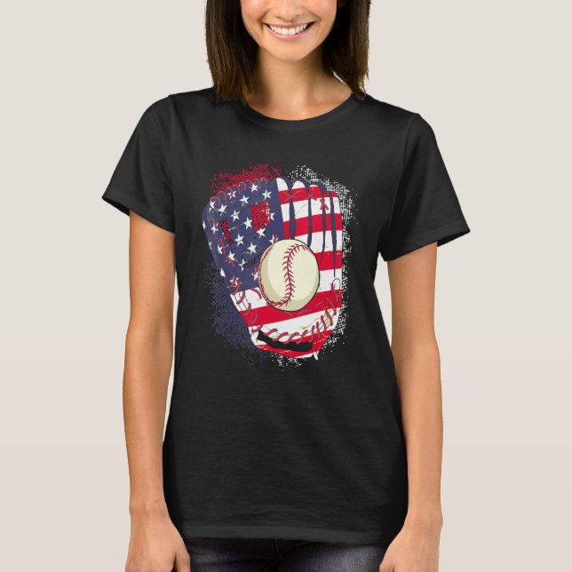 Camiseta 4th Of July Catcher Baseball Player US Flag Sport  (Frente)