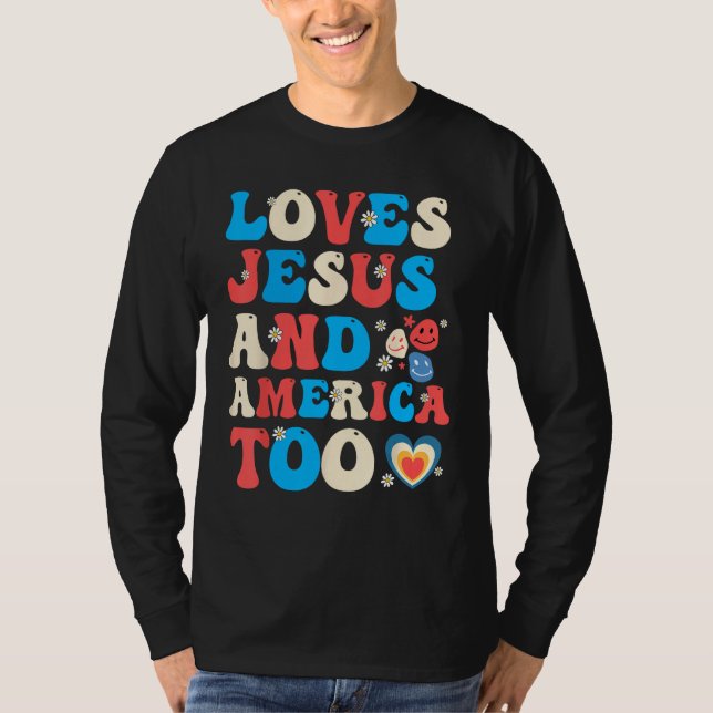 Camiseta 4th of July Christian Groovy Loves Jesus and Ameri (Frente)