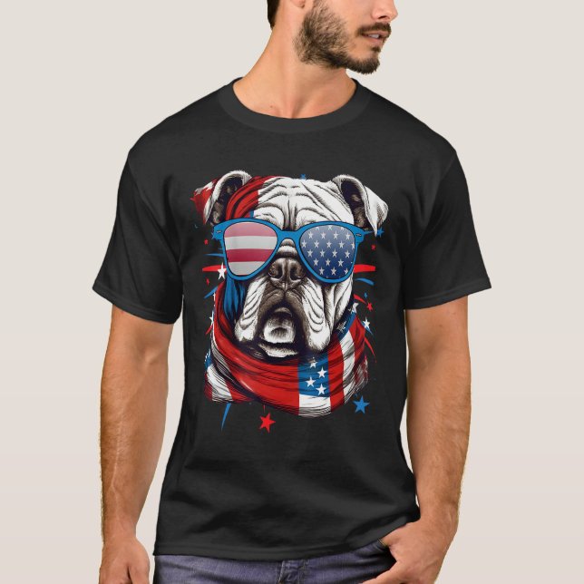 Camiseta 4th Of July Dog Bulldog American Flag Independence (Frente)