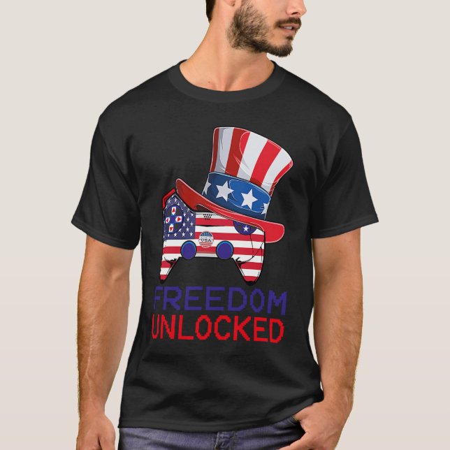 Camiseta 4th Of July Freedom Unlocked Video Game Gamer USA  (Frente)