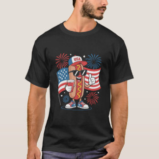 Camiseta 4th Of July Hotdog American Flag Patriotic Firewor