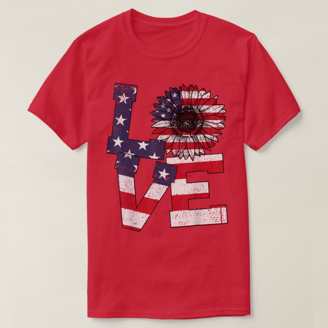 Camiseta 4th Of July Love Sunflower Patriotic American Flag (Frente do Design)