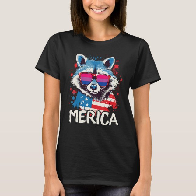 Camiseta 4th Of July Merica Raccoon Bisexual Sunglasses Fla (Frente)