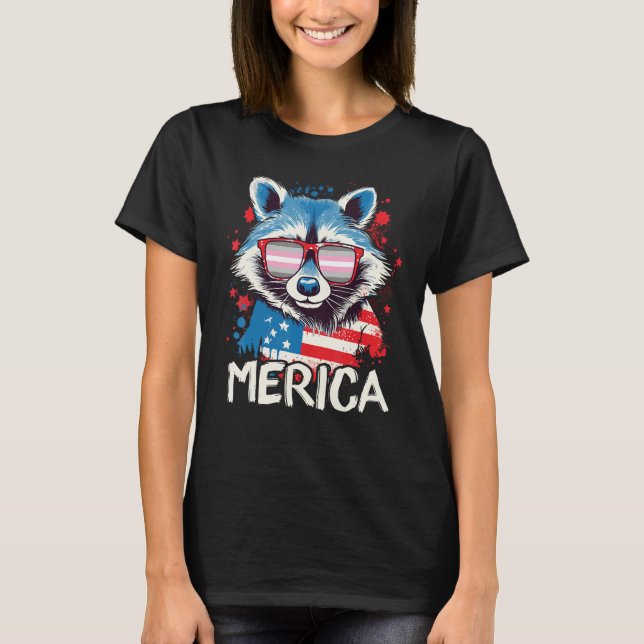 Camiseta 4th Of July Merica  Raccoon Demigirl Sunglasses Fl (Frente)