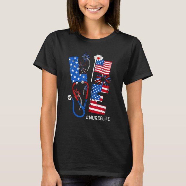 Camiseta 4th of July Patriotic American Nurse RN CNA ER ICU (Frente)