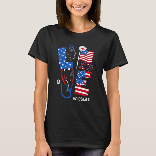 Camiseta 4th of July Patriotic American PICU Baby Nurse Ste (Frente)