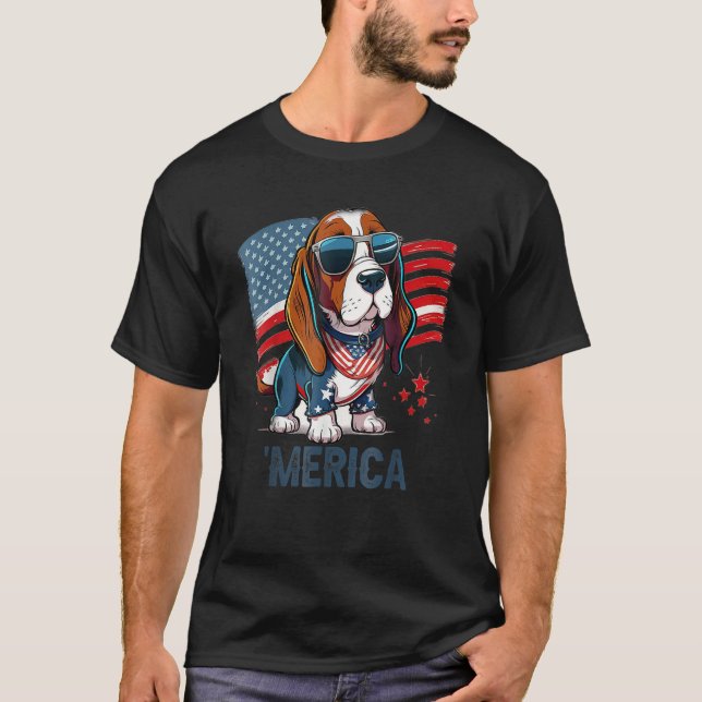 Camiseta 4th Of July Patriotic Basset Hound Dog Merica (Frente)