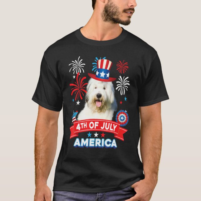 Camiseta 4th Of July Patriotic Day Old English Sheepdog Dog (Frente)