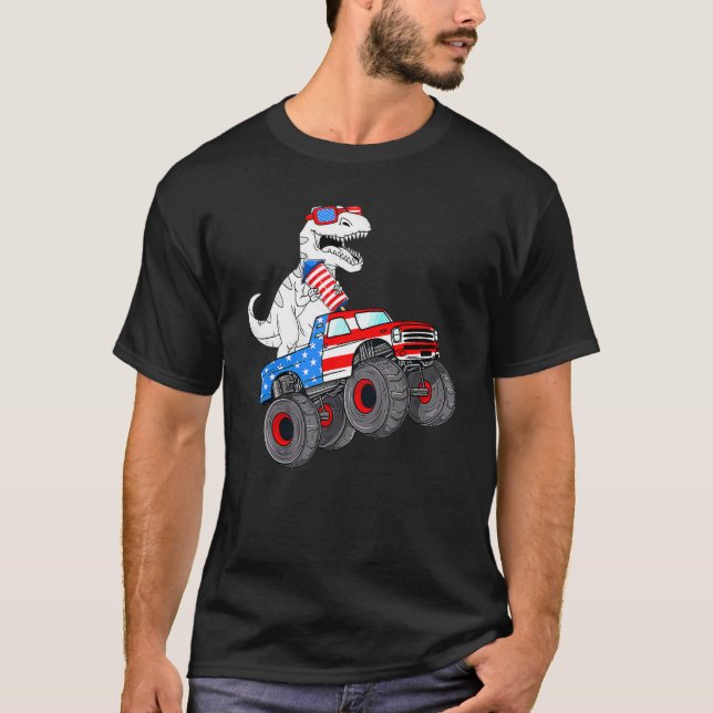 Camiseta 4th Of July Rex Dino Trex Dinosaur Monster Truck F (Frente)