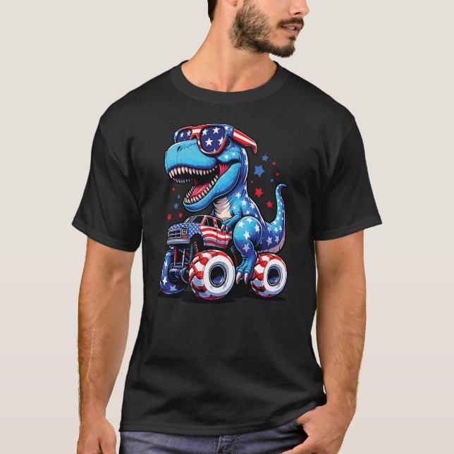 Camiseta 4th Of July T Rex Dino Trex Dinosaur Monster Truck (Frente)