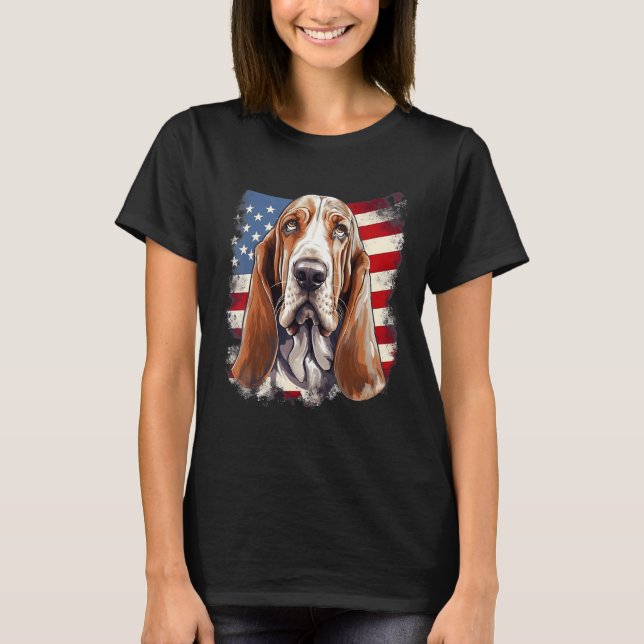 Camiseta 4th Of July US Flag Basset Hound Dog (Frente)
