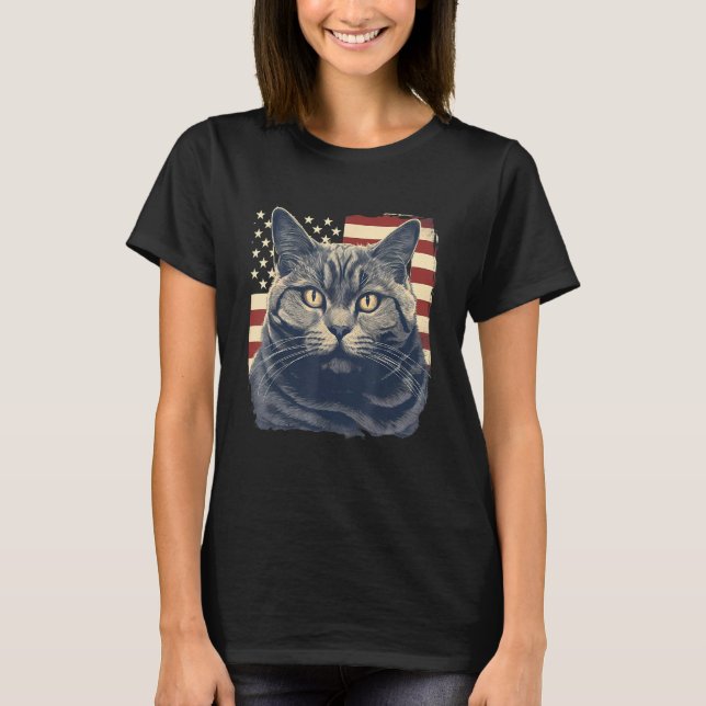 Camiseta 4th Of July US Flag Chartreux Cat (Frente)