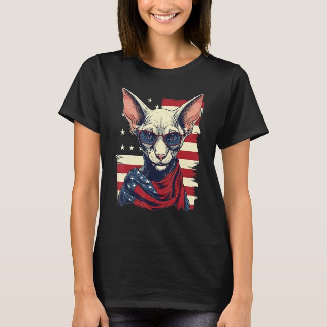 Camiseta 4th Of July US Flag Hairless Sphinx Cat (Frente)