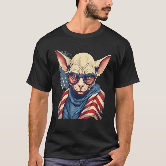 Camiseta 4th Of July US Flag Hairless Sphinx Cat 1 (Frente)