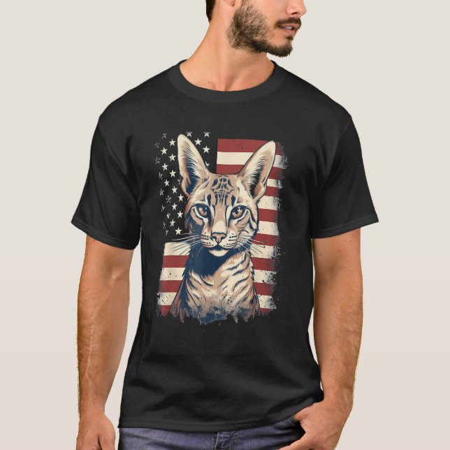 Camiseta 4th Of July US Flag Savannah Cat (Frente)