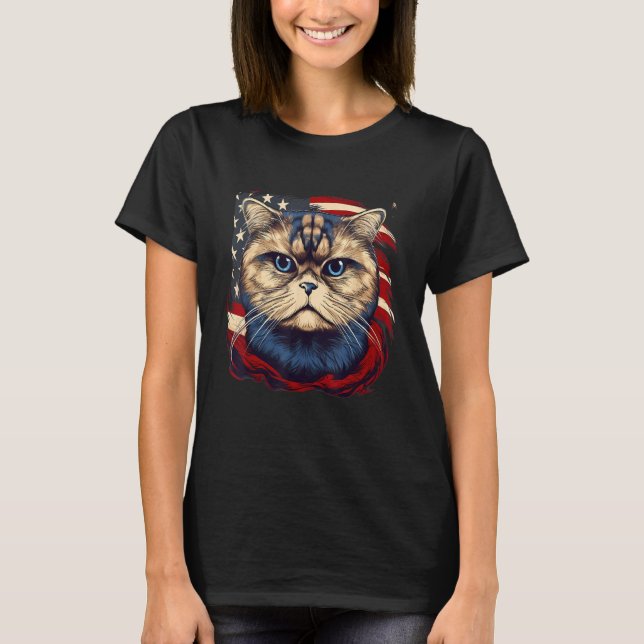 Camiseta 4th Of July US Flag Scottish Fold Cat (Frente)
