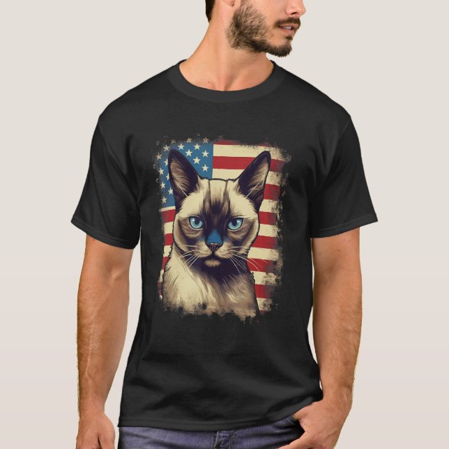 Camiseta 4th Of July US Flag Siamese Cat (Frente)