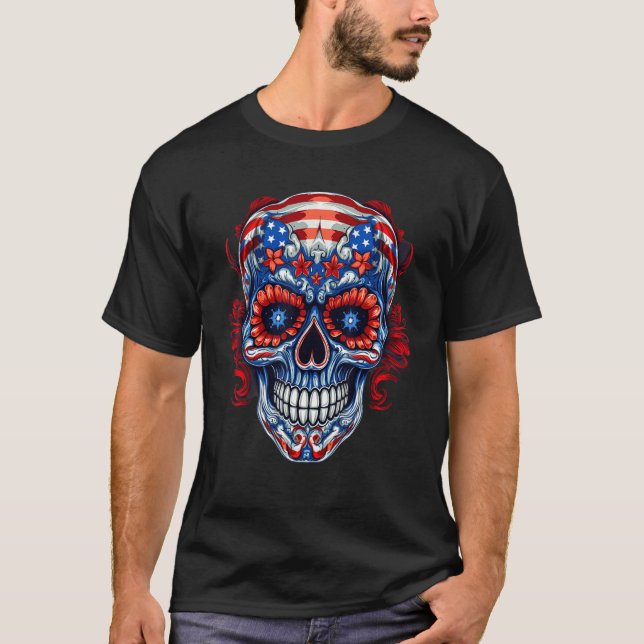 Camiseta 4th Of July US Flag Sugar Skull 1 (Frente)