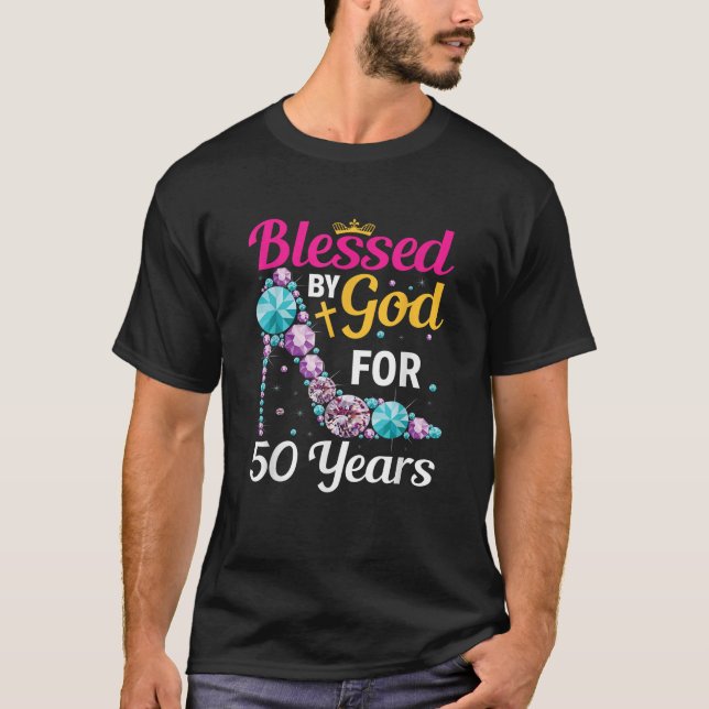 Camiseta 50ª Menina de Aniversário Abençoada por Deus Por 5 (Frente)