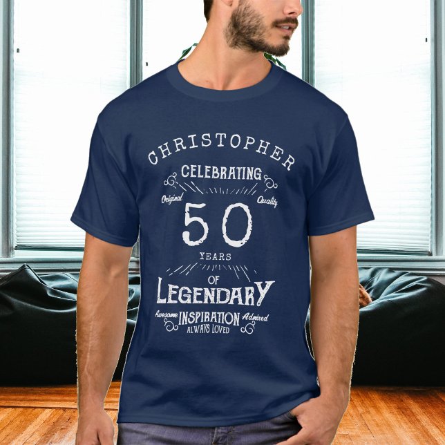 Camiseta 50º aniversário Adicionar nome Legenda Azul Legend (Criador carregado)