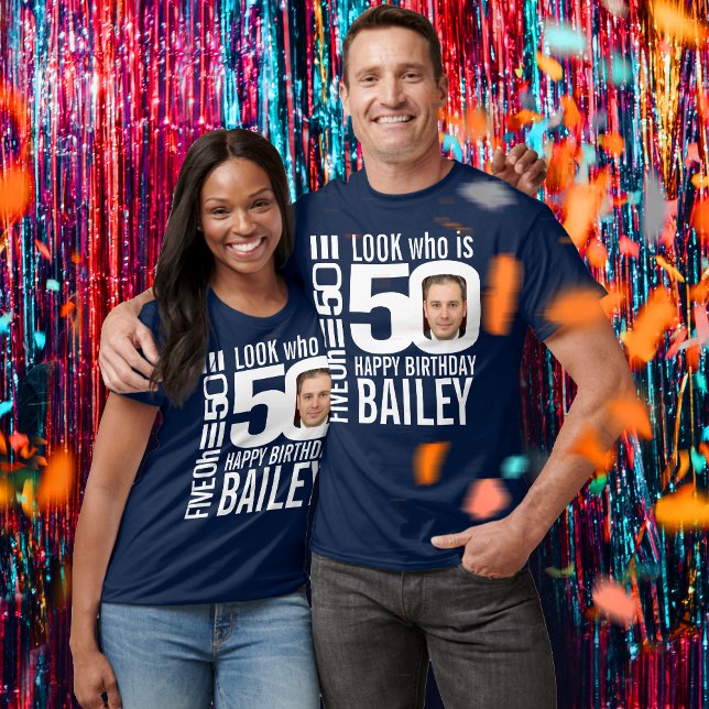 Camiseta 50º aniversário mono aparência 50 fotos e nome per (Criador carregado)