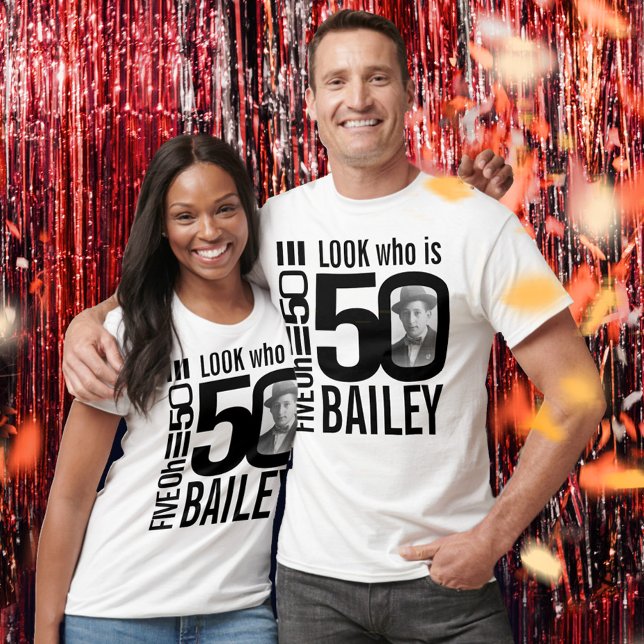 Camiseta 50º aniversário mono aparência 50 fotos e nome per (Criador carregado)