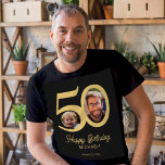 Camiseta 50º nome da foto de aniversário personalizado<br><div class="desc">Trendy bold typografia 50 anos de anos de aniversário de um homem,  divertida,  personalizou o modelo de camiseta com duas fotos e um roteiro moderno de estilo retrô. Fácil de personalizar com texto e imagens.</div>