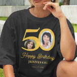 Camiseta 50º nome da foto de aniversário personalizado<br><div class="desc">Trendy bold typografia 50 anos de aniversário de mulheres divertida personalizou o modelo de camiseta escura com duas fotos e um roteiro de ouro moderno estilo retrô. Fácil de personalizar com texto e imagens.</div>