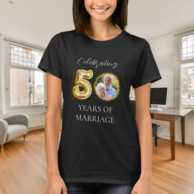 Camiseta 50.º aniversário de casamento foto dourada negra (Criador carregado)