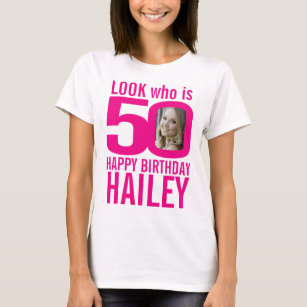 Camiseta 50 anos cor-de-rosa, 50 fotos personalizadas e nom
